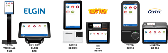 Uma coleção de seis sistemas eletrônicos de ponto de venda (POS) com designs e tamanhos variados, rotulados como TERMINAL DUO, MINI PDV ELGIN M10, TOTEM K2 MINI, MINI PDV D1 10”, TOTEM SK 210 e MINI PDV GS 300.